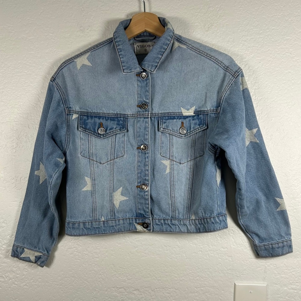 Vigoss Denim Jacket Light Blue Star Print Cropped Boxy VC-J00889A Size S